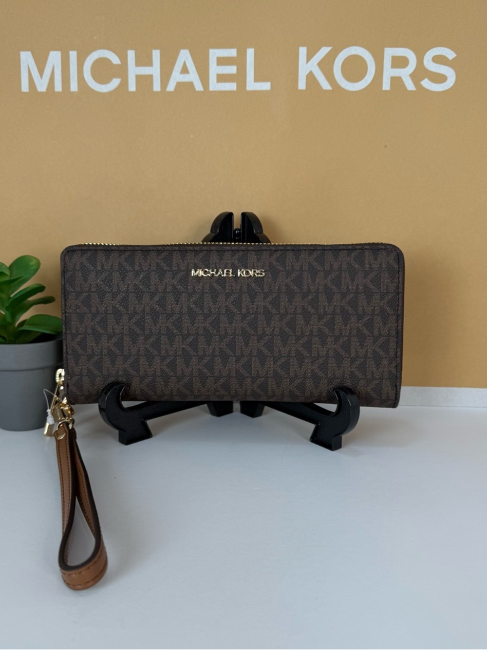 Michael Kors Brown MK Signature Zip-Around Wristlet Wallet with Gold Hardware